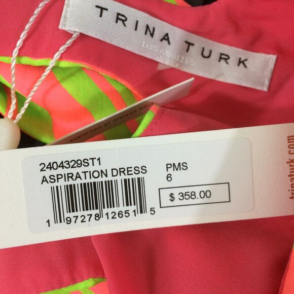 Trina Turk Aspiration Bow Back Neon Stripe Dress NWT Pink Lime Size 6 - Picture 6 of 6